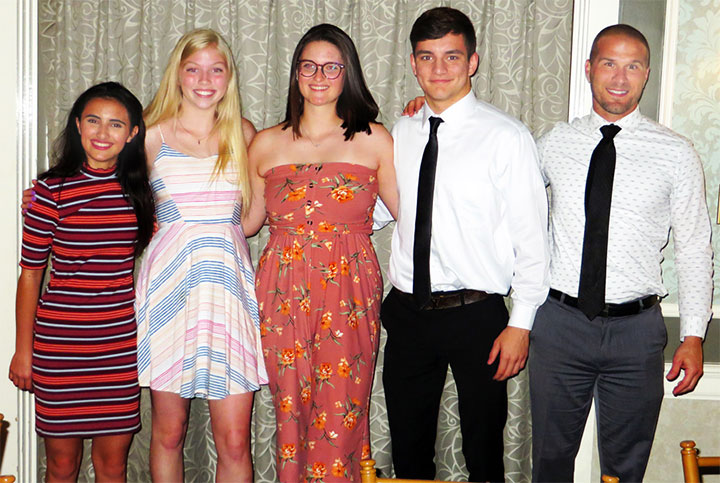 Students Maria Cuevas, Kaelynn Behrens, Mya Decker and Julian Bartlebaugh are pictured with Kerry Naylor, right, adviser to the BA Blueprint at Bellwood-Antis High School in Bellwood. Naylor spoke on “High School Journalism in 2019 and Its Future” at the June 1, 2019 PPC Awards Luncheon.